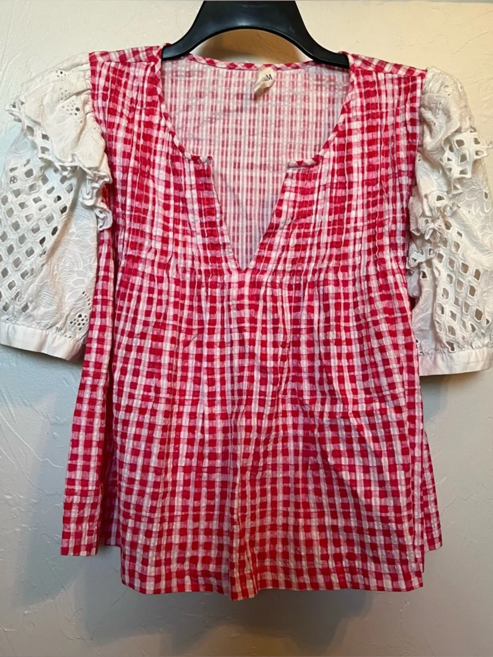 ANTHROPOLOGIE Viam Red Gingham Eyelet Puff Sleeve Top Sz S Cotton Cottagecore